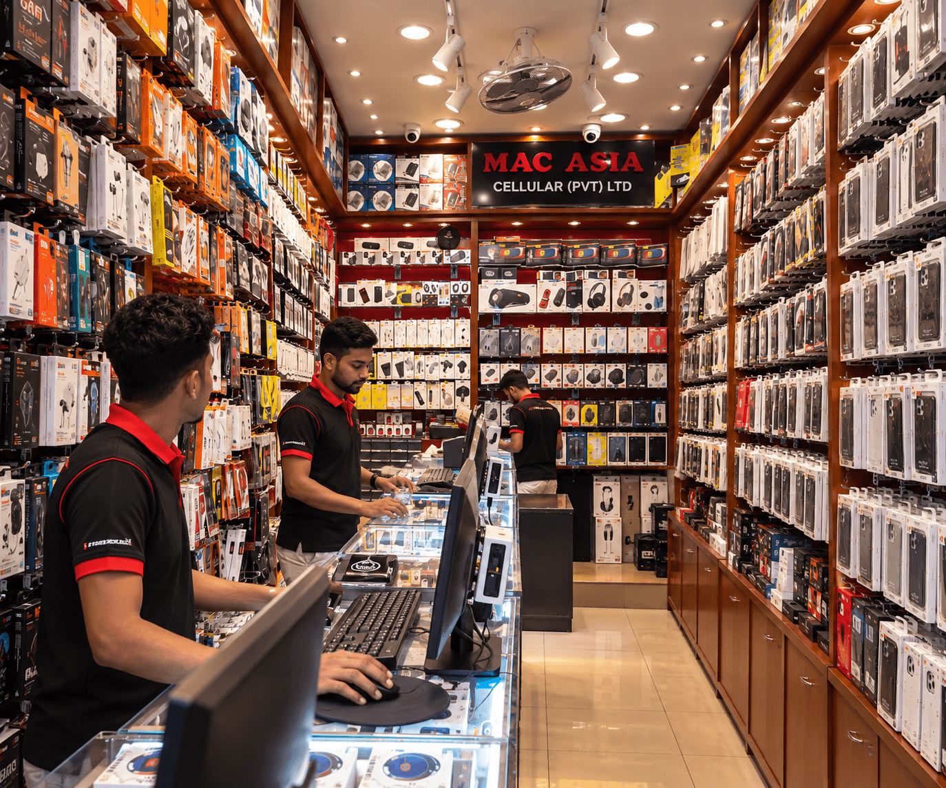 Mobile phone accessories displayed inside Mac Asia Cellular in Colombo